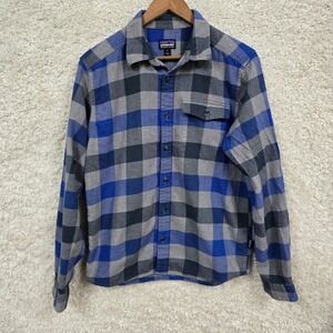 Patagonia Fjord Flannel Shirt Mens Small Blue Gray Plaid Organic Cotton Outdoor